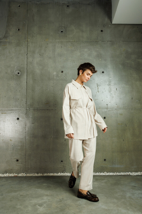 Bej Dökümlü Oversize Gömlek - KUAD