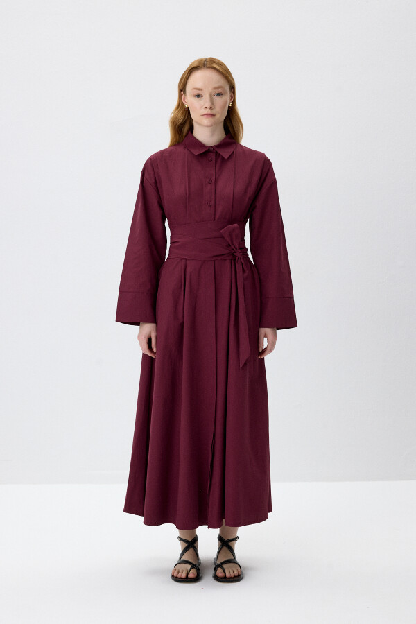 Bordo Kuşaklı Gömlek Elbise - KUAD