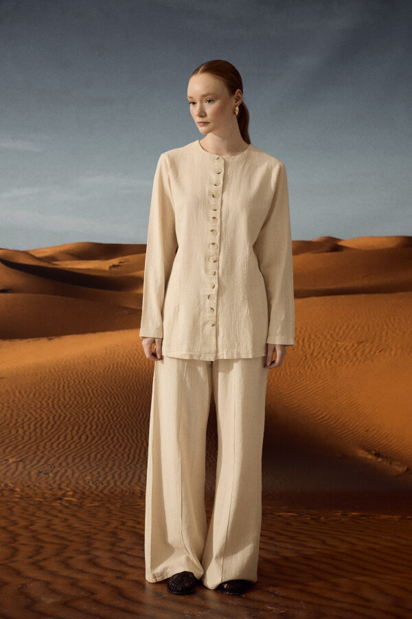 Naturel Ayarlanabilir Bel Doğal Dokulu Gömlek - KUAD