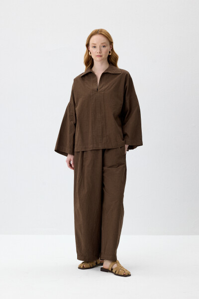 Kahve Oversize Rahat Kesim Pantolonlu Takım 