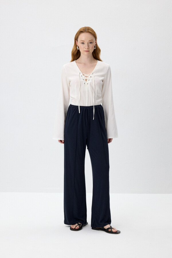 Lacivert Nervürlü Örme Pantolon - KUAD