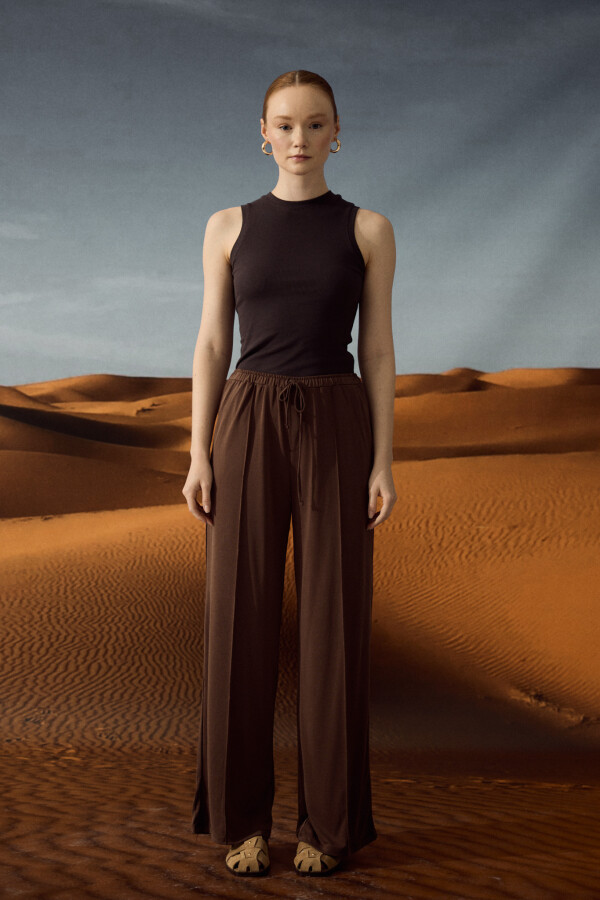 Kahve Nervürlü Örme Pantolon - KUAD