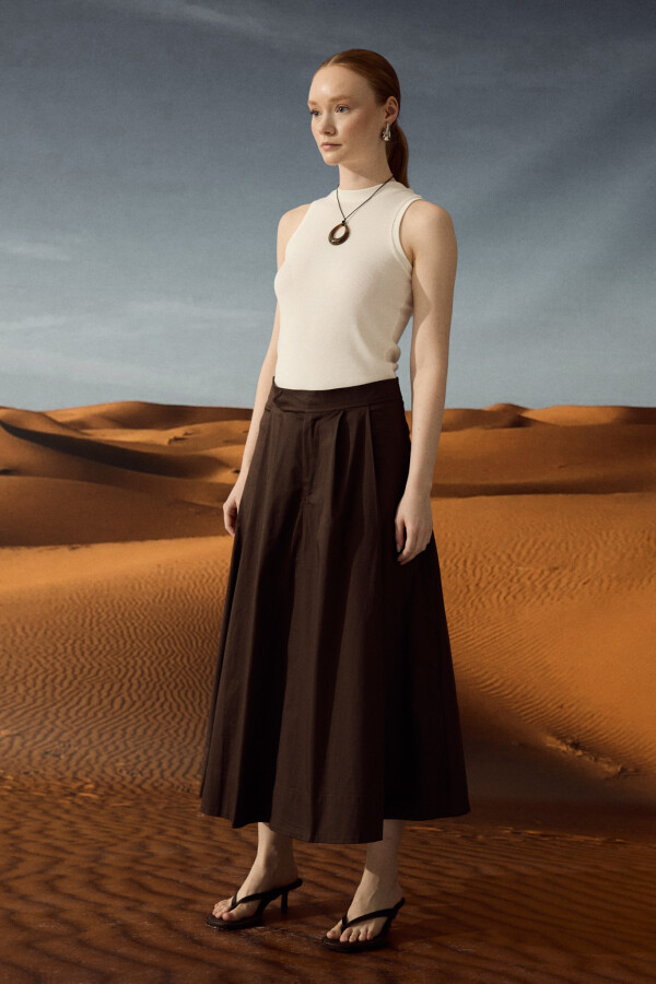 Acı Kahve Pileli Gabardin Etek - KUAD