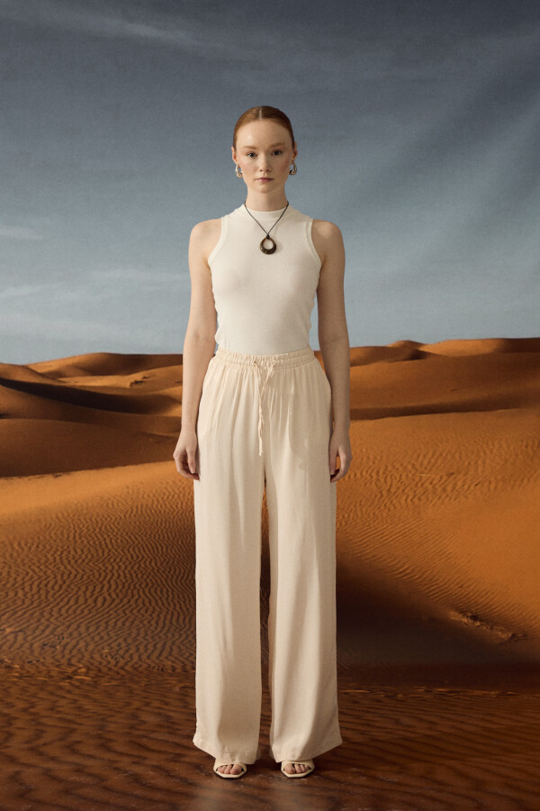 Ekru Saten Palazzo Pantolon - KUAD