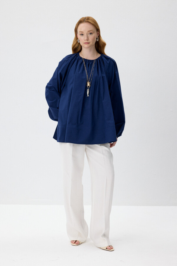 Lacivert Volanlı Poplin Bluz - KUAD