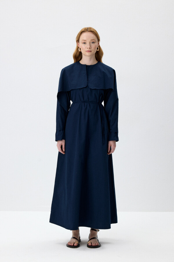 Lacivert Aller Detaylı Elbise - KUAD