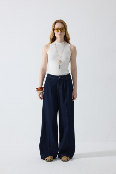 Palazzo Kesim Denim Pantolon Kot mavisi