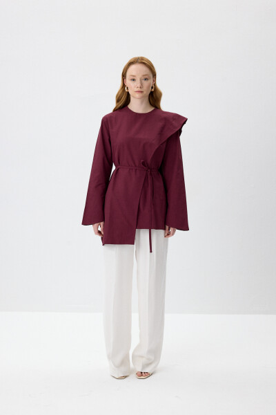 Bordo Şal Detaylı Poplin Bluz 