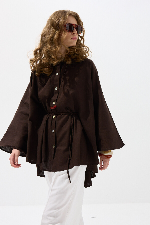 Acı Kahve Dökümlü Pelerin Model Oversize Gömlek - KUAD