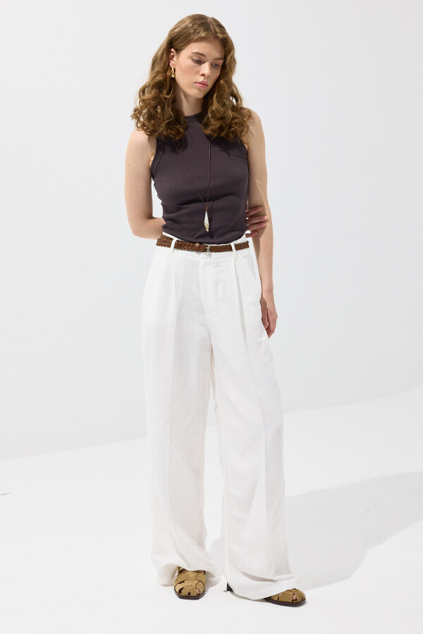 Ekru Kemerli Keten Pantolon - KUAD