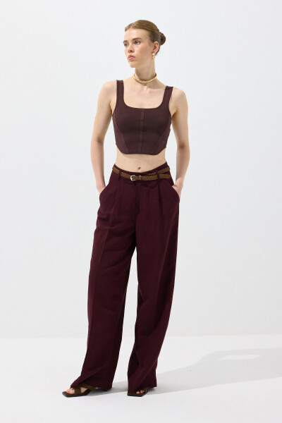 Bordo Kemerli Keten Pantolon 