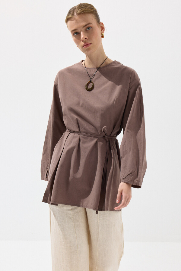 Sütlü Kahve Pileli Basic Tunik - KUAD