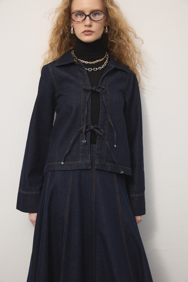 Önü Bağcıklı Denim Ceket - KUAD