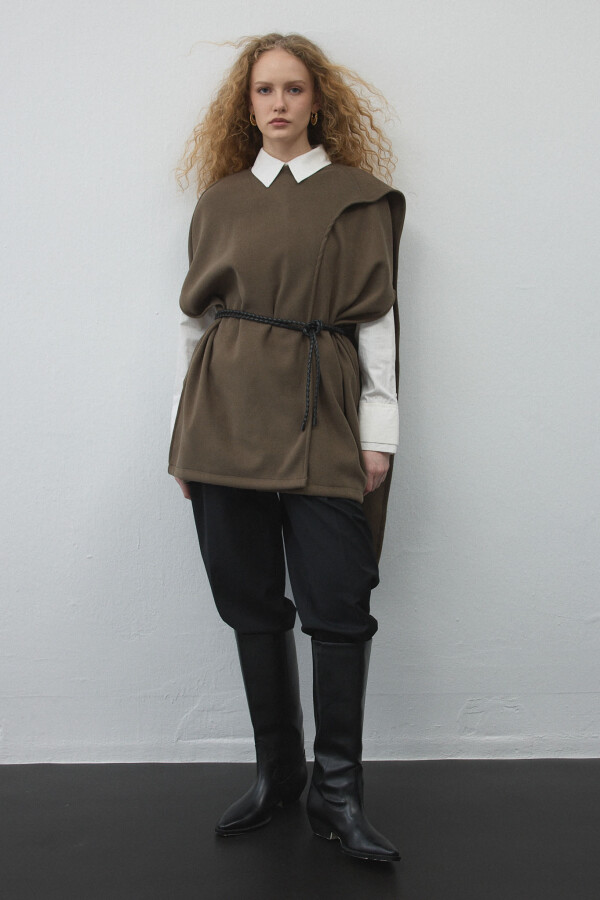 Haki Kaşe Dokulu Şallı Yelek - KUAD