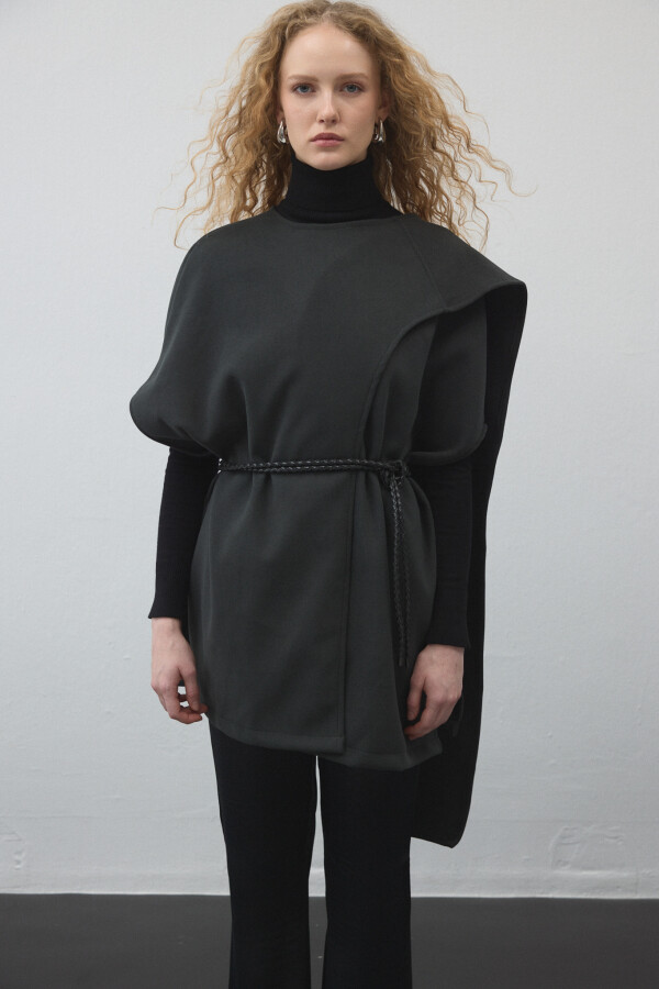 Koyu Gri Kaşe Dokulu Şallı Yelek - KUAD