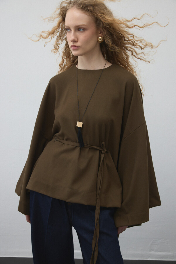 Haki Kemerli Pelerin Bluz - KUAD