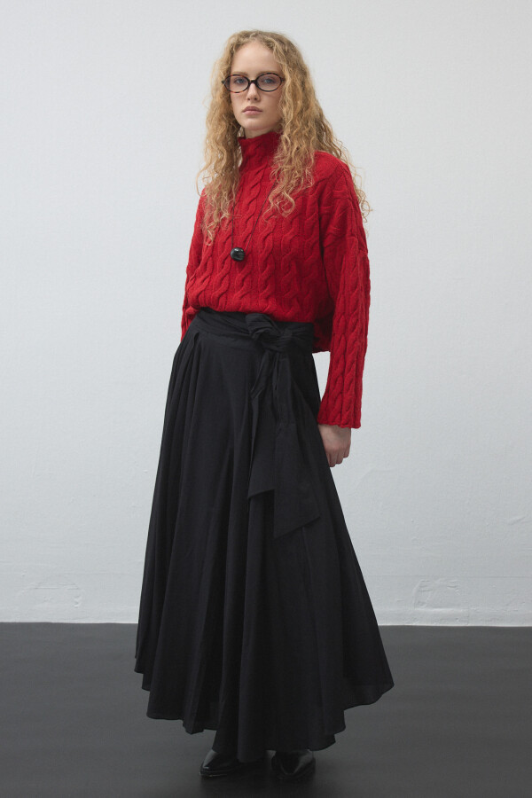 Siyah Kuşaklı Asimetrik Vual Etek - KUAD