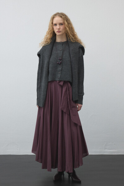 Plum Belted Asymmetric Voile Skirt 