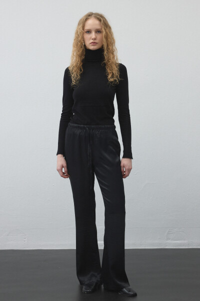 Black Elastic Waist Satin Palazzo Pants 