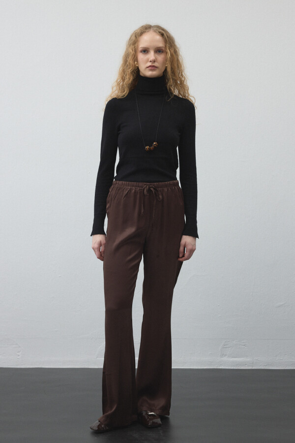 Acı Kahve Beli Lastikli Saten Palazzo Pantolon - KUAD