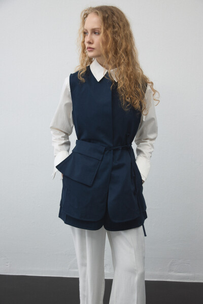 Navy Gabardine Pocketed Belted Vest 