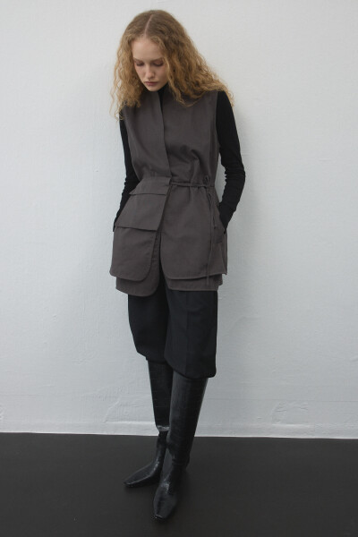 Khaki Gabardine Pocketed Belted Vest 