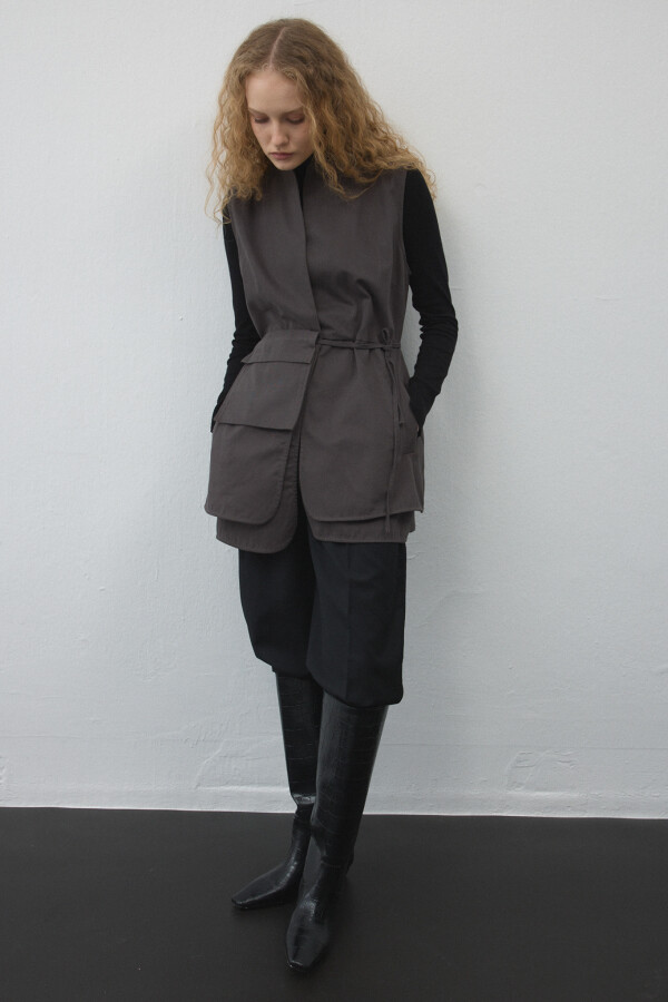 Haki Gabardin Cepli Kemerli Yelek - KUAD