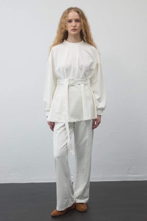 Ekru Kemerli Basic Sweat Pantolonlu Takım - KUAD