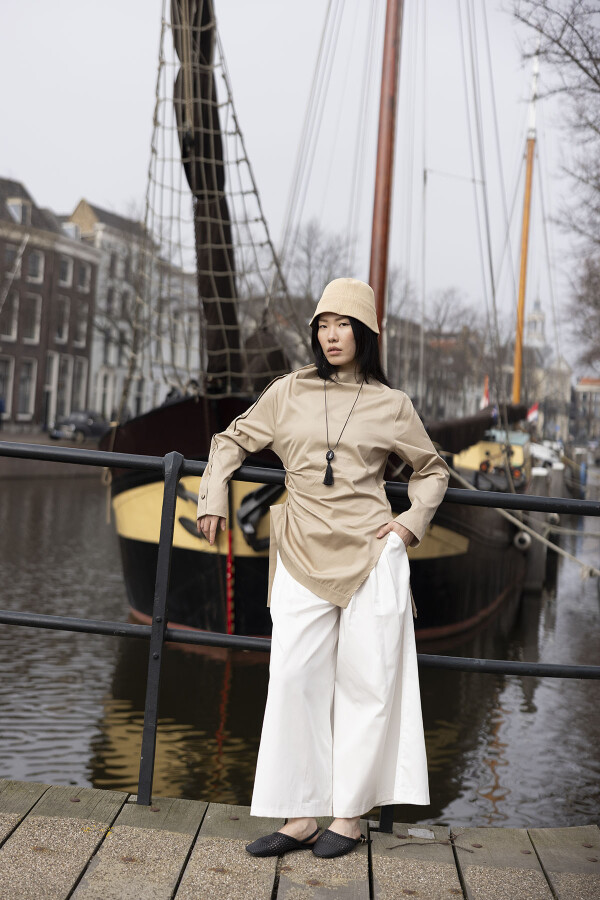 Bej Asimetrik Gabardin Gömlek - KUAD