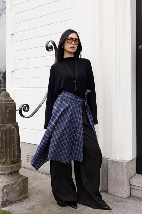 Lacivert Ekose Bağlamalı Etek - KUAD