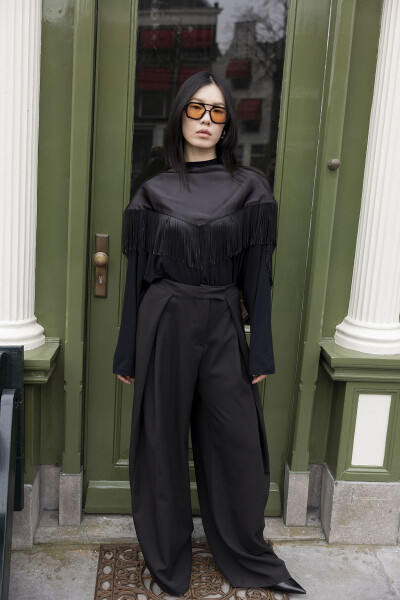 Black Pleated Wide-Leg Trousers 