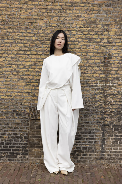 Ecru Pleated Wide-Leg Trousers 