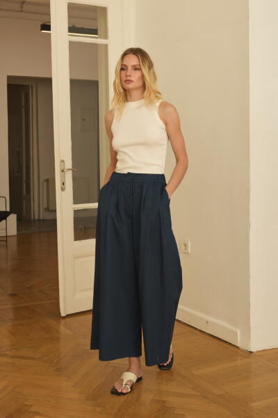 Lacivert Ön Pileli Culotte Pantolon 