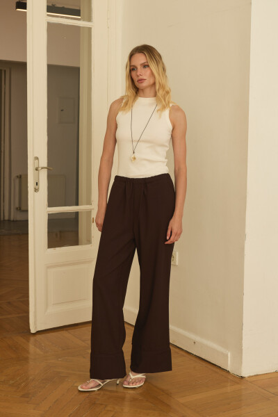 Dark Brown Elastic Waist Draped Pants 