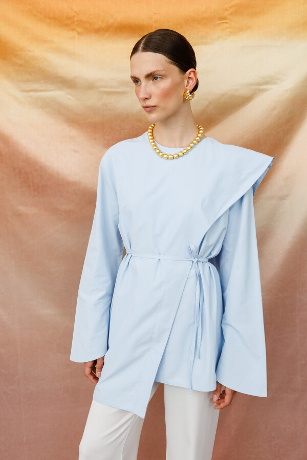 Mavi Şal Detaylı Poplin Bluz - KUAD