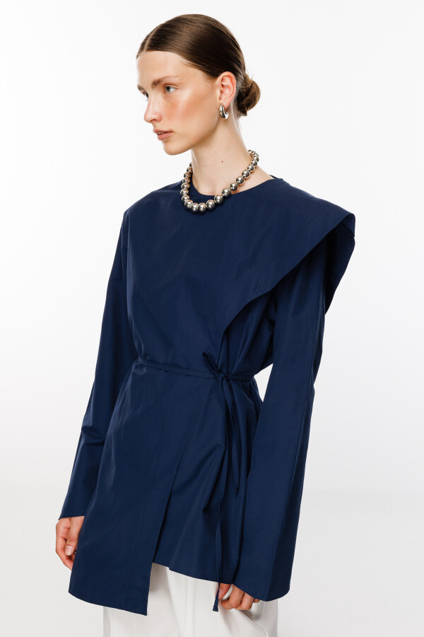 Lacivert Şal Detaylı Poplin Bluz - KUAD