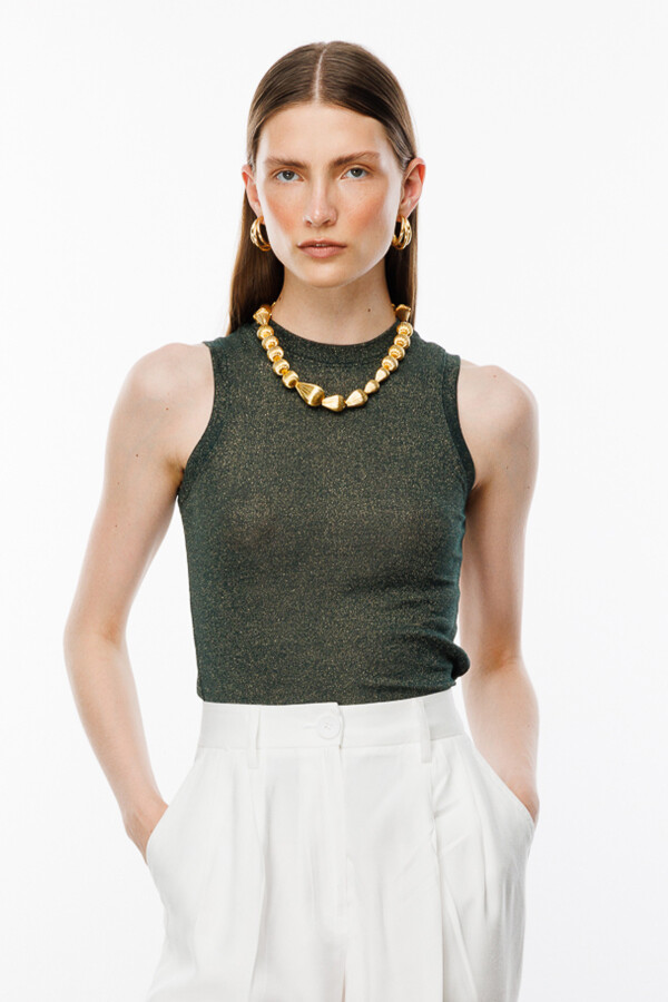 Koyu Yeşil Simli Sıfır Kol Body - KUAD