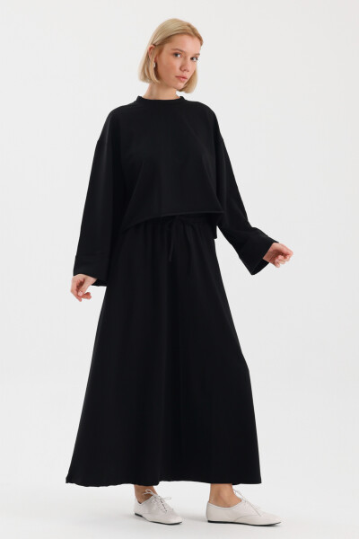 Black Double-Sleeve Detailed Skirted Basic Set 