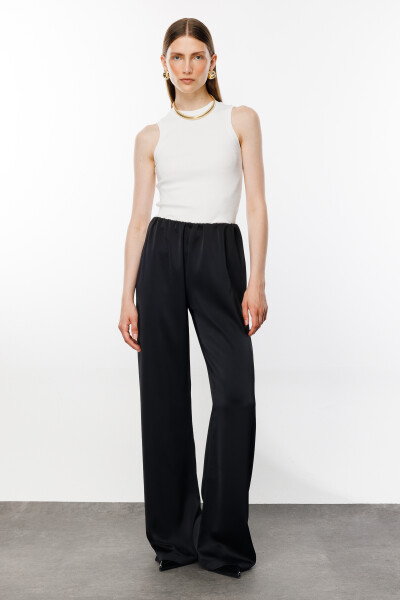 Black Elastic Waist Satin Palazzo Pants 