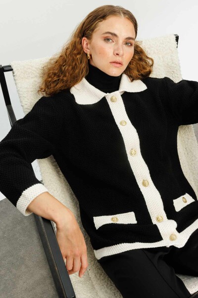 Black Textured Polo Collar Cardigan 