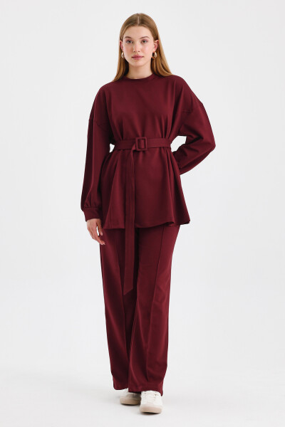 Burgundy Belted Basic Sweatpants Set 