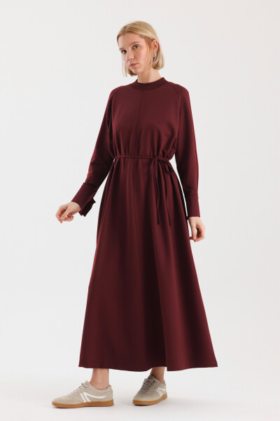 Burgundy Cuff Detailed Basic Dress 