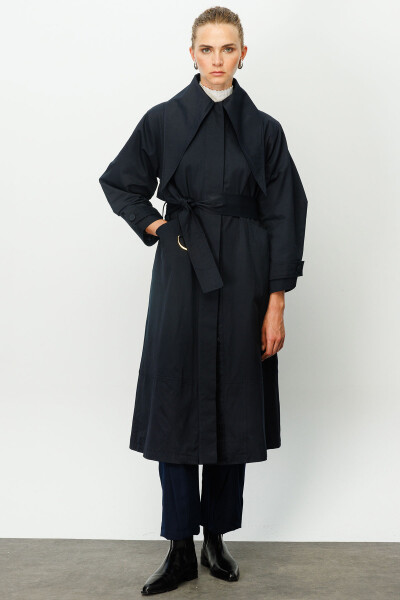 Dark Blue Wide Collar Trench Coat 