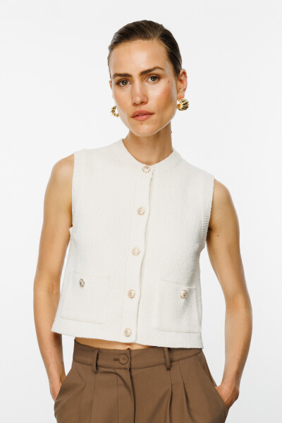 Ecru Knit Vest with Gold Buttons 