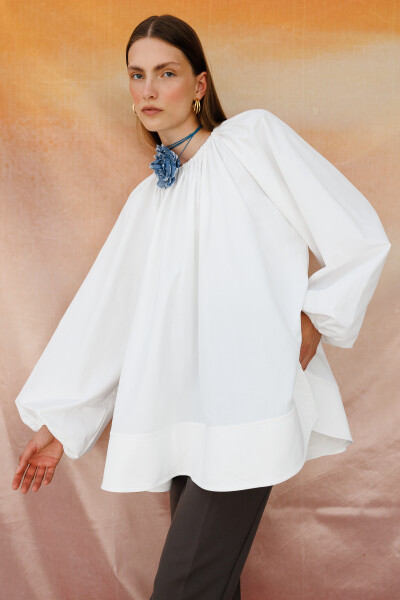 Ecru Oversized Flounce Cotton-Poplin Tunic 