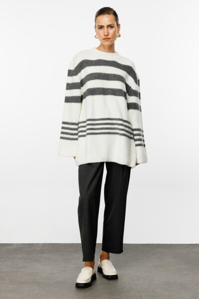 Ecru Striped Oversized Knit Cardigan 