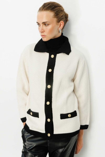 Ecru Textured Polo Collar Cardigan 