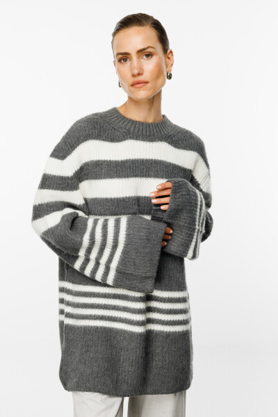 Grey Striped Oversized Knit Cardigan 