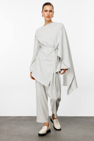 Light Gray Asymmetrical Blouse with Shawl Detail 