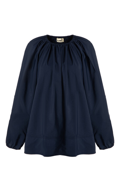 Navy Blue Oversized Flounce Cotton-Poplin Tunic 